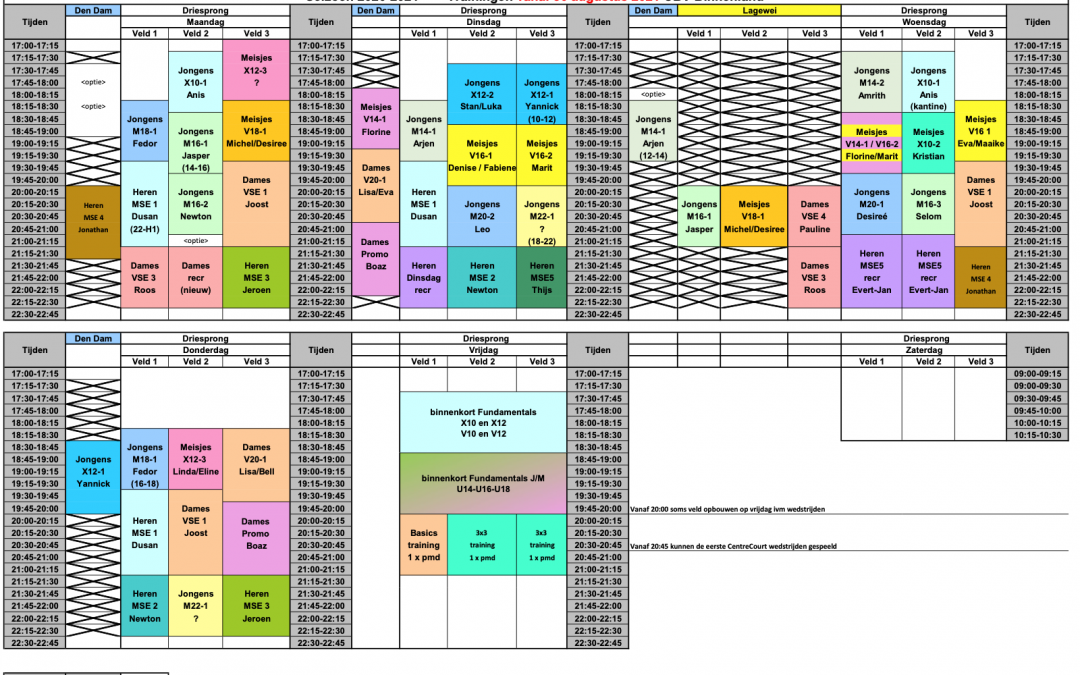 Maandag 30 aug start trainingen en op 17/18 sept start competities